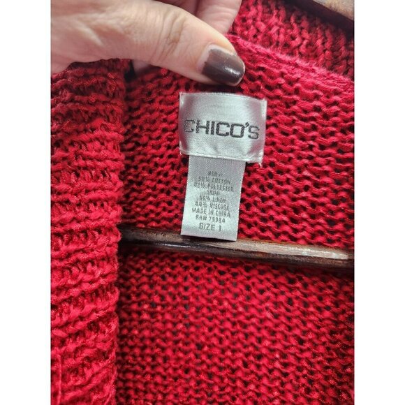 Chicos Red Fringe Open Front Cardigan Sweater Size 1 - Picture 2 of 4
